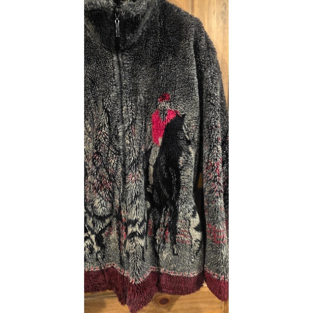 Mazmania Vtg Fleece Sweater Jacket Womens‎ S Black Horseback Hunters Dogs Woods - Picture 3 of 9